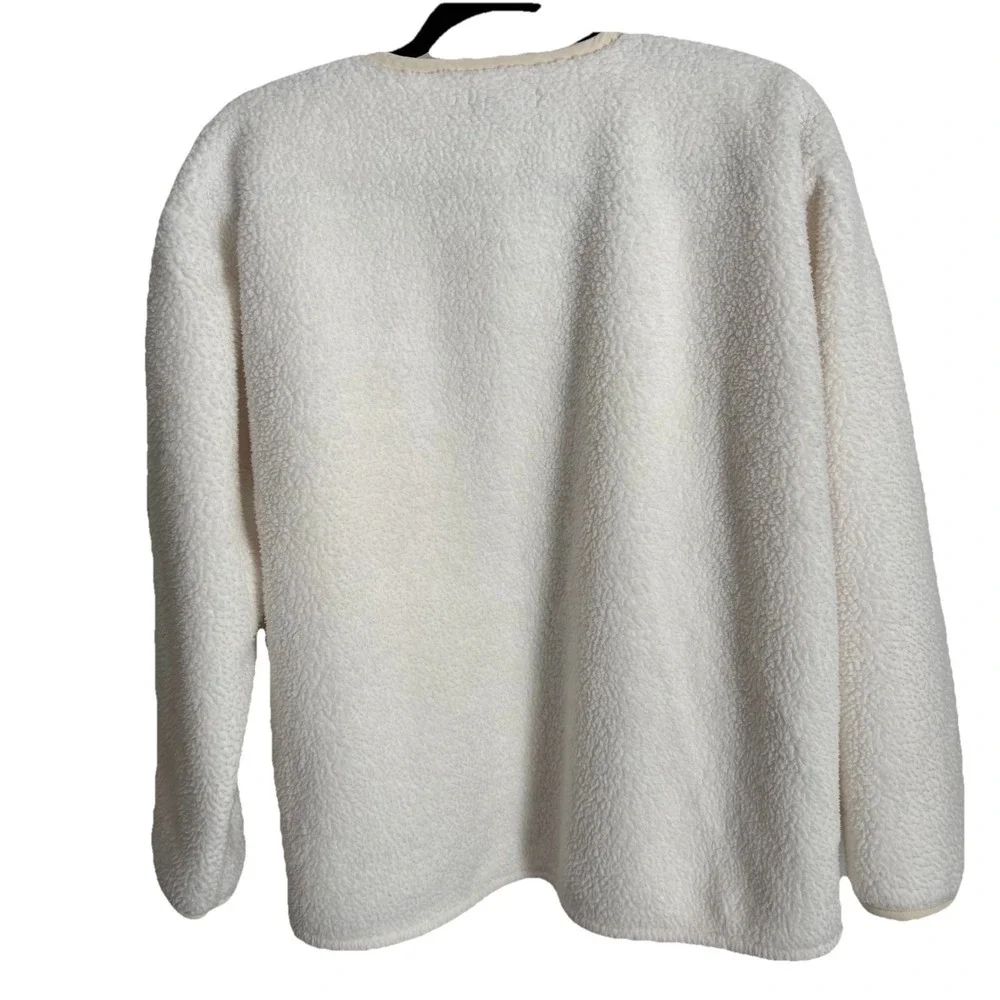 J Crew Teddy Sherpa Jacket Womens Medium Ivory Beige Snap Button Preppy‎ Pockets